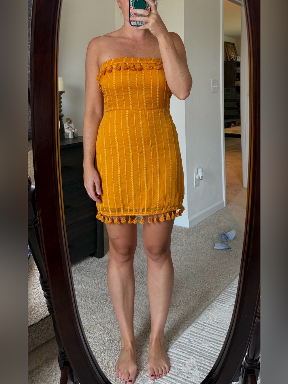 Wild Honey Strapless Tassel Mini Dress in Mustard Yellow